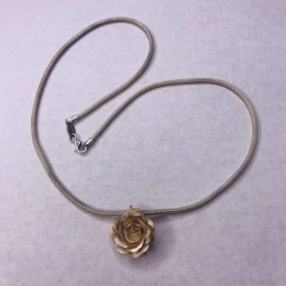 Ma Sterling Silver Round Wheat Chain Rose Charm Pendant 17" Signed 925